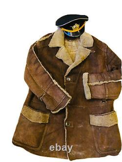 Vintage Soviet Russian marine pilot uniform coat (sheepskin)+hat