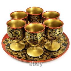 Vintage Soviet Semyonov Russian Khokhloma Goblet Cups Tray Set USSR Hand Painted