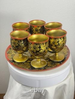 Vintage Soviet Semyonov Russian Khokhloma Goblet Cups Tray Set USSR Hand Painted