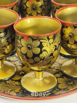 Vintage Soviet Semyonov Russian Khokhloma Goblet Cups Tray Set USSR Hand Painted