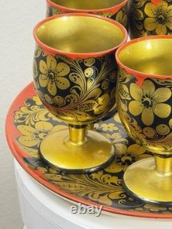 Vintage Soviet Semyonov Russian Khokhloma Goblet Cups Tray Set USSR Hand Painted