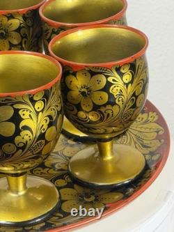 Vintage Soviet Semyonov Russian Khokhloma Goblet Cups Tray Set USSR Hand Painted