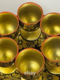 Vintage Soviet Semyonov Russian Khokhloma Goblet Cups Tray Set USSR Hand Painted