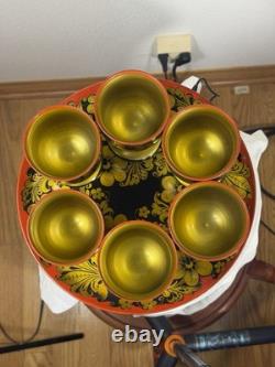 Vintage Soviet Semyonov Russian Khokhloma Goblet Cups Tray Set USSR Hand Painted