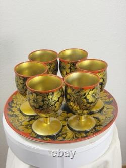 Vintage Soviet Semyonov Russian Khokhloma Goblet Cups Tray Set USSR Hand Painted