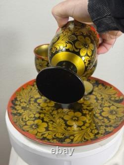 Vintage Soviet Semyonov Russian Khokhloma Goblet Cups Tray Set USSR Hand Painted