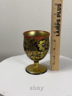 Vintage Soviet Semyonov Russian Khokhloma Goblet Cups Tray Set USSR Hand Painted