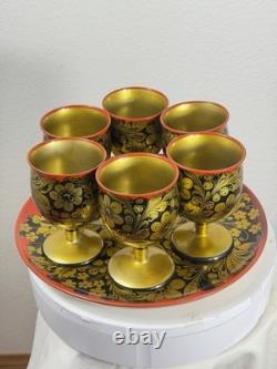 Vintage Soviet Semyonov Russian Khokhloma Goblet Cups Tray Set USSR Hand Painted