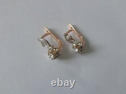 Vintage Soviet Solid Rose Gold Earrings 14K 583 Diamond 3.71 gr Russian USSR