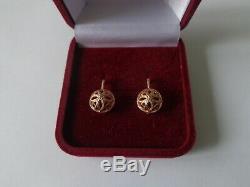 Vintage Soviet Solid Rose Gold Earrings 14K 583 Star Hammer Russian USSR 2.62 gr