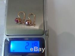 Vintage Soviet Solid Rose Gold Earrings 14K 583 Star Ruby 2.19 gr Russian USSR