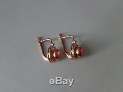 Vintage Soviet Solid Rose Gold Earrings 14K 583 Star Ruby 3.54 gr Russian USSR