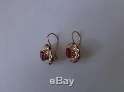Vintage Soviet Solid Rose Gold Earrings 14K 583 Star Ruby 6.26 gr Russian USSR