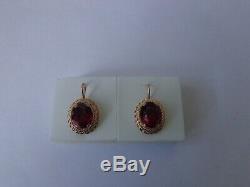 Vintage Soviet Solid Rose Gold Earrings 14K 583 Star Ruby 8.09 gr Russian USSR