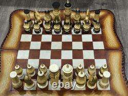 Vintage Soviet USSR Wooden Hand Painted Mongolian War Chess Set Russian Folk Art