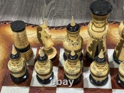 Vintage Soviet USSR Wooden Hand Painted Mongolian War Chess Set Russian Folk Art