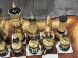 Vintage Soviet USSR Wooden Hand Painted Mongolian War Chess Set Russian Folk Art