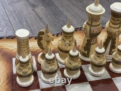 Vintage Soviet USSR Wooden Hand Painted Mongolian War Chess Set Russian Folk Art