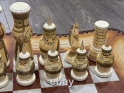 Vintage Soviet USSR Wooden Hand Painted Mongolian War Chess Set Russian Folk Art