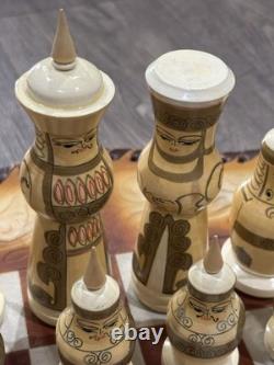 Vintage Soviet USSR Wooden Hand Painted Mongolian War Chess Set Russian Folk Art
