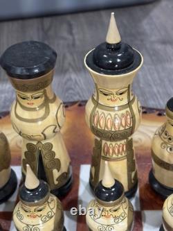 Vintage Soviet USSR Wooden Hand Painted Mongolian War Chess Set Russian Folk Art
