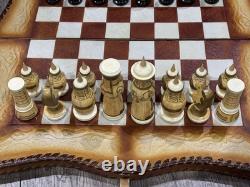 Vintage Soviet USSR Wooden Hand Painted Mongolian War Chess Set Russian Folk Art