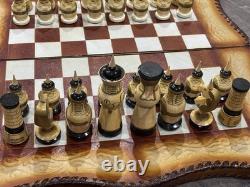 Vintage Soviet USSR Wooden Hand Painted Mongolian War Chess Set Russian Folk Art