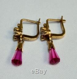 Vintage Star Earrings russian Soviet USSR jewelry Gold 14K 583 Briolette Ruby