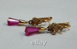 Vintage Star Earrings russian Soviet USSR jewelry Gold 14K 583 Briolette Ruby