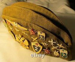 Vintage USSR CCCP Russian Soviet Military Soldier Cap Garrison Hat Patches Pins