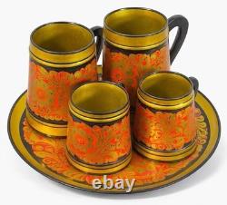 Vintage USSR Khokhloma Hand Painted Wooden Mug & Tray Set Semenov Russia 1970s