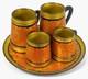 Vintage Ussr Khokhloma Hand Painted Wooden Mug & Tray Set Semenov Russia 1970s