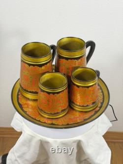 Vintage USSR Khokhloma Hand Painted Wooden Mug & Tray Set Semenov Russia 1970s