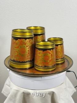 Vintage USSR Khokhloma Hand Painted Wooden Mug & Tray Set Semenov Russia 1970s