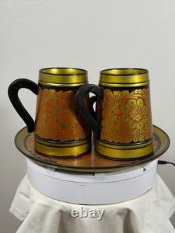 Vintage USSR Khokhloma Hand Painted Wooden Mug & Tray Set Semenov Russia 1970s