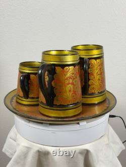 Vintage USSR Khokhloma Hand Painted Wooden Mug & Tray Set Semenov Russia 1970s