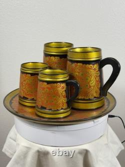 Vintage USSR Khokhloma Hand Painted Wooden Mug & Tray Set Semenov Russia 1970s