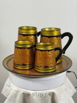 Vintage USSR Khokhloma Hand Painted Wooden Mug & Tray Set Semenov Russia 1970s
