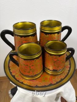 Vintage USSR Khokhloma Hand Painted Wooden Mug & Tray Set Semenov Russia 1970s