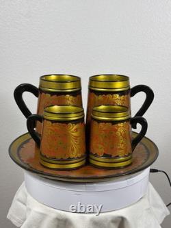 Vintage USSR Khokhloma Hand Painted Wooden Mug & Tray Set Semenov Russia 1970s