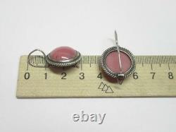 Vintage USSR Russian Sterling Silver 875 Earrings Rhodonite Stone Soviet Jewelry