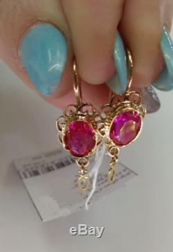 Vintage rare Beautiful Earrings russian Soviet USSR jewelry Gold 14K 583 Ruby