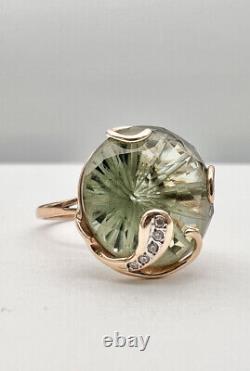 Vtg Russian Soviet USSR 14K Yellow Gold Fancy Cut Green Quartz & Diamond Ring