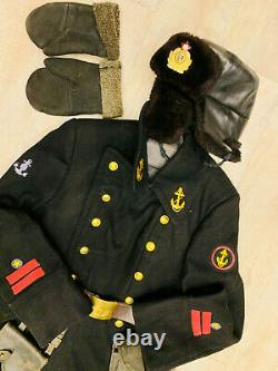 WW 2. Russian Soviet uniform set. Captain sailor. Coat, hat, bag, belt, T-shirt
