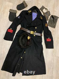 WW 2. Russian Soviet uniform set. Captain sailor. Coat, hat, bag, belt, T-shirt
