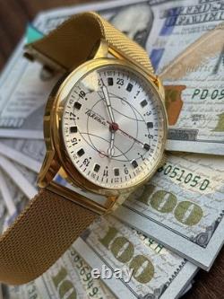 Watch Raketa 24h Automatic Wrist Gold Polar Mens Russian Dial Soviet USSR Strap