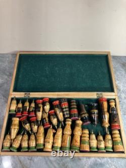 Wooden Chess Set Soviet USSR Russian Complete Set Hand Carved Painted Ethnic Art