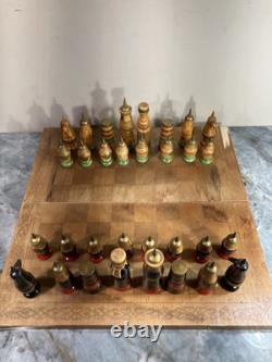 Wooden Chess Set Soviet USSR Russian Complete Set Hand Carved Painted Ethnic Art
