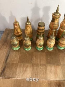 Wooden Chess Set Soviet USSR Russian Complete Set Hand Carved Painted Ethnic Art