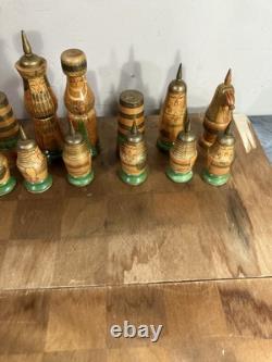 Wooden Chess Set Soviet USSR Russian Complete Set Hand Carved Painted Ethnic Art